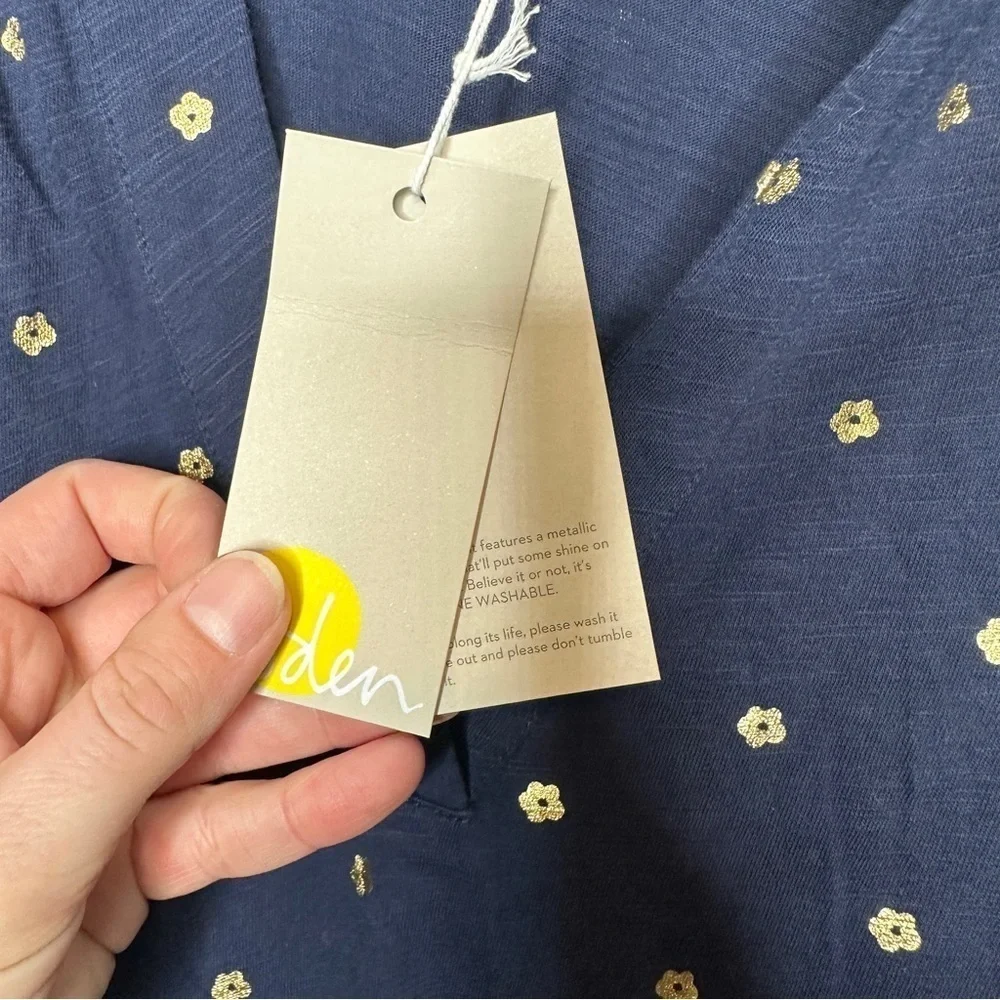 NWT Boden Notch Neck Smocked Frill Top in navy, foil dot - Picture 7 of 11